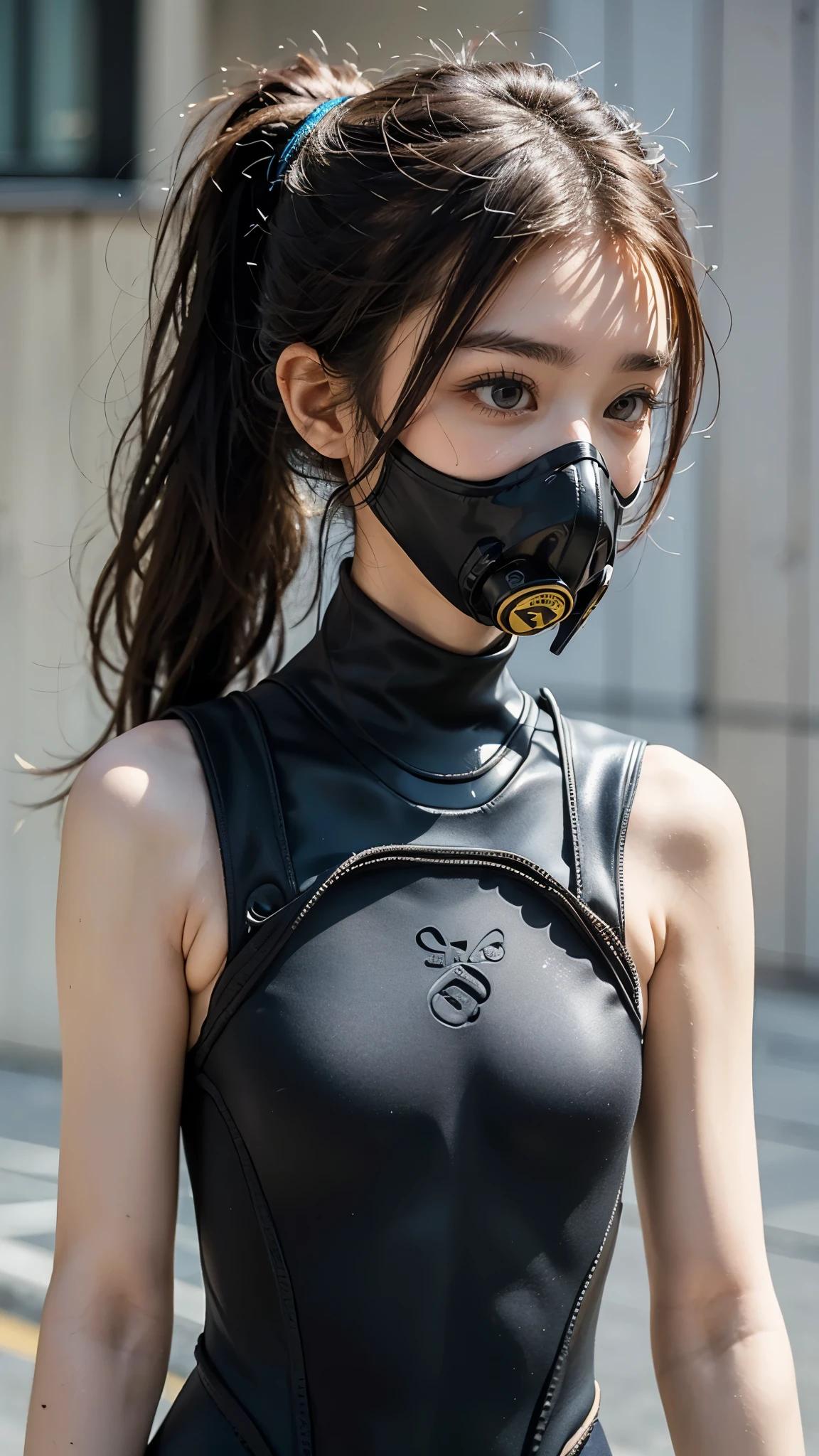 Highest image quality, outstanding details, ultra-high resolution, (realism: 1.4), ((close up:0.75, from front)), Photorealistic, highly condensed 1 lady, full body, aiming with an assault rifle, Combat pose, (Detailed face), looking to the camera, (cloths color black:0.4 white:0.5 other-color:0.1), (wearing rash-guard likes police uniform, gloves,black and gray mecha, wearing futuristic-gasmask, military harness, holding a machinegun, carrying hich-tech-backpack), background grey, Fingers are occluded