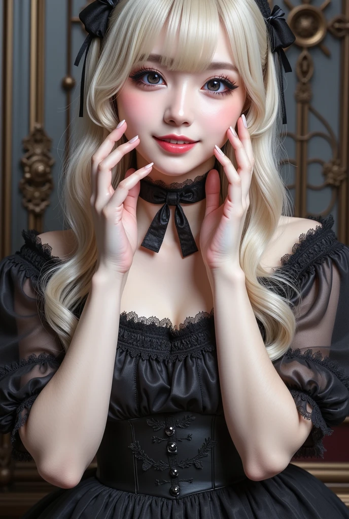 (((White frills、Black lace、blouse、Off the shoulder、one piece、White background)))、forehead、Northern Europe、Russia、beautiful girl、Platinum Blonde Hair、Straight long hair、Hitting the face and front of the eyes、Big blue eyes、Sheer white and wet nightgown、Northern Europeの若者、Perfect body、White tendons、Glowing Skin、Young and beautiful skin、A perfect and beautiful little face、Bright makeup、Pale pink lips、Bright expression、16-year-old girl、lipstick、Deceptive advertising、Viewer's vision、Golden Hour Lighting、Bokeh Atmosphere Perspective、detailed、Movie Light、複雑なdetailed、High resolution、 フェイスデザインのdetailedな特徴、Attention to detail、Clear focus、Smoothness、aesthetics、Printed、Octane、{{masterpiece}}