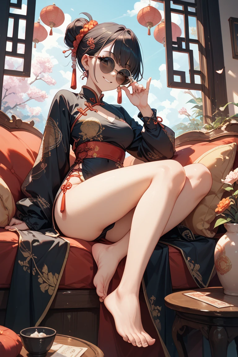 a sexy woman, (best quality), (masterpiece), (1girl), slim, anime, (flat chested), (chinese dress), (sitting and legs up), (protrait), (full body view)
