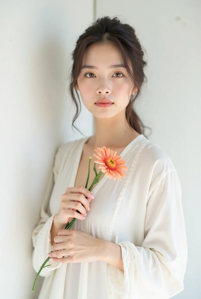 女の子1人, (Full body), Unknown , detailed  clothes, (delicate illustration:1.4),(masutepiece:1.0), (Best Quality:1.4), (超A high resolution:1.2), (Photorealistic:1.4), (8K, Raw photo:1.2), (Soft Focus:1.4), (18year old:1.3), (Sharp Focus:1.4), (Renaissance art:1.4), Detailed beautiful face, (Blouse with white collar), Holding an amaryllis flower with both hands