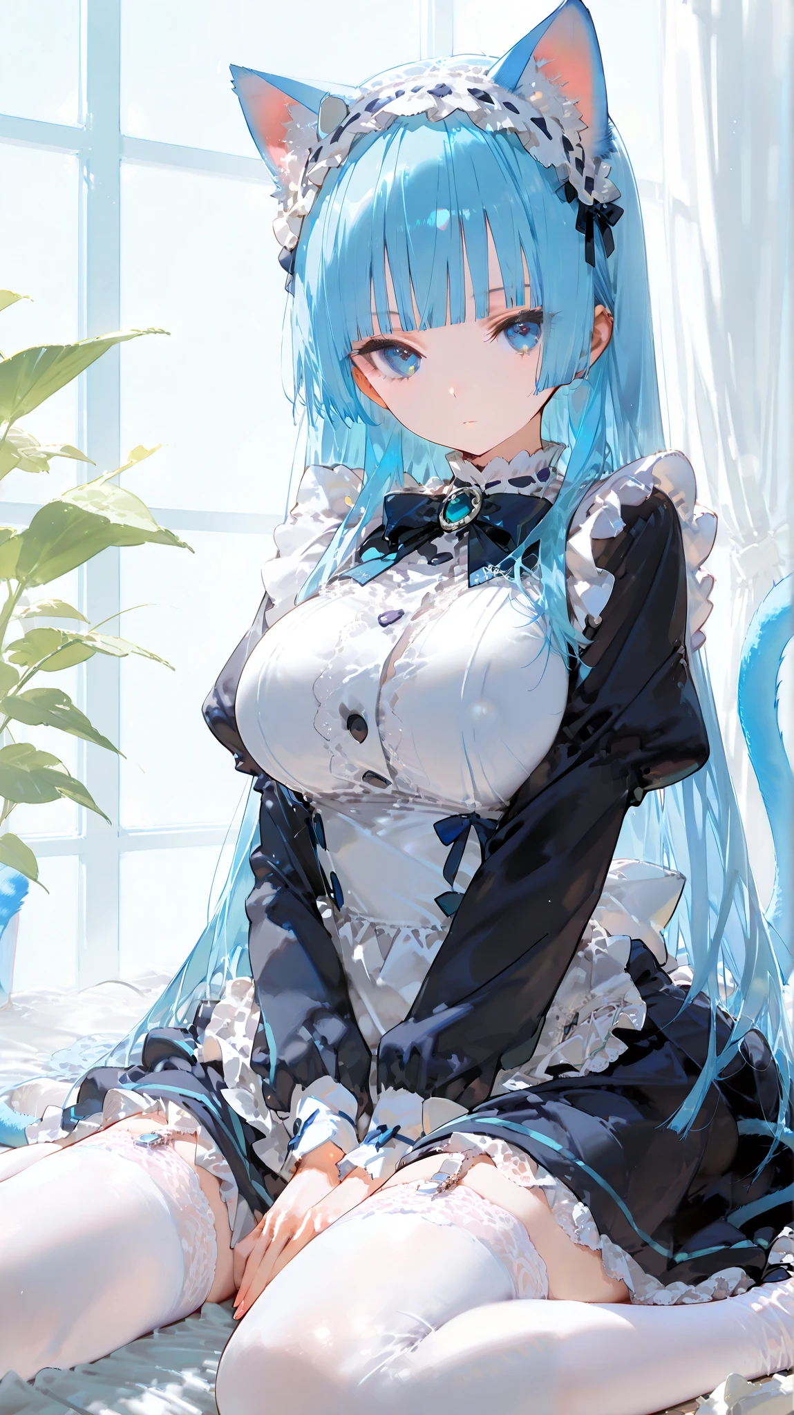 masterpiece, best quality, score_9, score_8_up, catgirl, (bright blue cat ears:1.4), cat tail, (bright blue hair:1.4), (bright blue tail:1.4), blue eyes, large breasts, expressionless face, 1girl, solo, hime cut, blunt bangs, straight hair, background is maid cafe, maid dress, white thigh high stockings, wariza