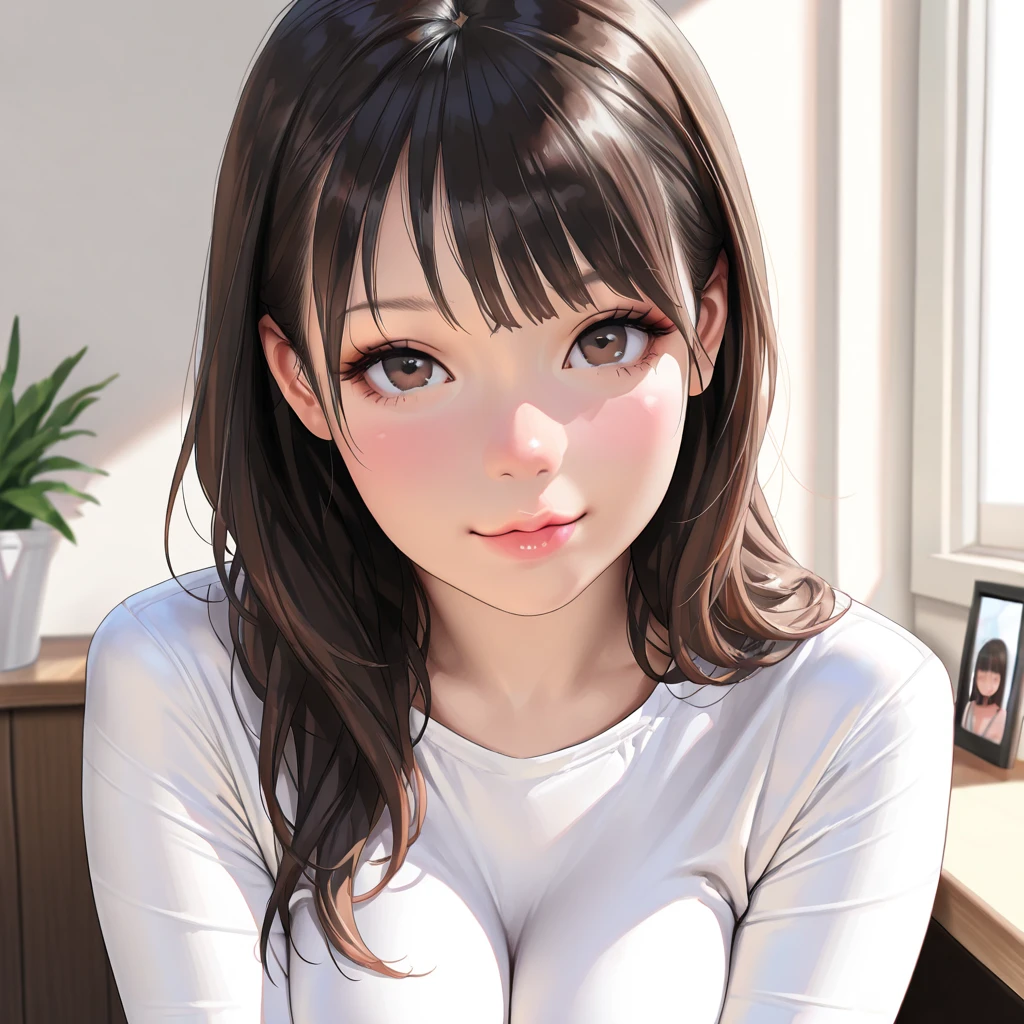 1lady standing, /(oversized sweater/) v-neck, mature female, /(brown hair/) bangs, blush kind smile, (masterpiece best quality:1.2) delicate illustration ultra-detailed, large breasts pantyhose BREAK /(modern house living room/) indoors