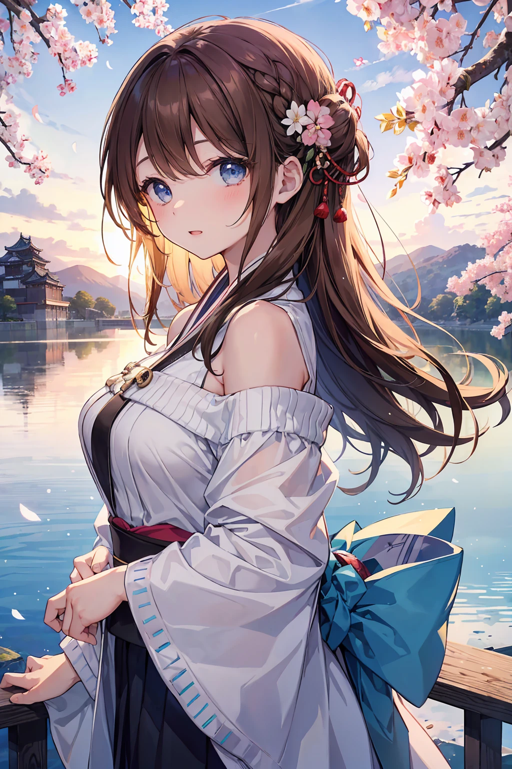 Girl Portrait, (Face: 1.2), Floating Hair, Wind, Cloud, Sunshine, Movie Light, Bangs, Face Closeup, Sky Background, Oil Painting Texture, Clear Hair, Light Hair, Flowers, Girly, Smiling Face, Bright Eyes, Single Line shoulders, collarbone, shirt, autumn, bare shoulders, bare tree, black hair, branches, cherry blossoms, cleavage, coat, (robe: 1.21), collarbone, earrings, hair accessories, Hanfu, jewelry, lips, long hair, mid-chest , Sitting, Solo, Tassels, Tree, Wide Sleeves, See-Through Clothing, See-Through Clothing, Silk, Negative Space, Ink Painting, Statue, Willow Branches, (Masterpiece Best Quality: 1.2), Chinese Painting Ink, Model Shooting Style, Peaceful, Looking at the viewer, wearing long Hanfu, song, willow in the background, shirt, nsfw, full body, head to toe, natural body, girly look, flying hair