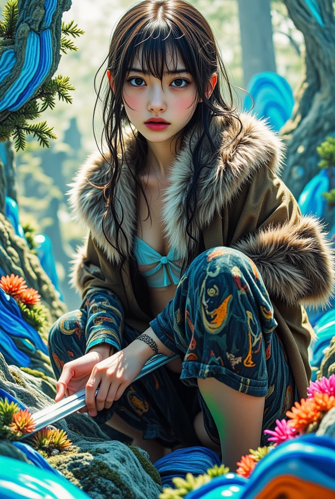 ((Highest quality)), ((傑Highest quality、masterpiece、High sensitivity、high resolution、detailed description、depicting a delicate face)),(Slender Woman、wearing glasses、)saber tiger fur、saber and wear、Look crouched, hold a、