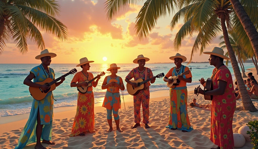 「Imagine a Caribbean sunset under palm trees., With a reggae band playing. People dancing to music々Shooting, Brightly dressed Rastafarian style. Depict the ocean breeze blowing through, Create a fun atmosphere.