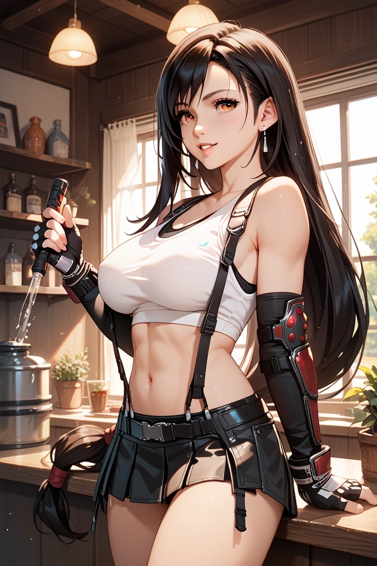 (((nsfw))), (8k, best qualityer, work of art:1.2), (realisitic, photo-realisitic), ultra detali, 1 girl,cute, standing alone, (tifa lockhart), (Breasts huge), (ssmile:1.2), (cloused mouth), erotic pose, posando, neon lights, urban landscape, Depth of field, Depth of field, good composition, Final Fantasy VII, ankle boots, Bblack hair, black thicc thighs, rot boots, elbow gloves, elbow pads, gloves fingerless, stretch shirt, sports well, (suspenders attached to the skirt), thicc thighs, (white top), whole body, pretty long hair, ((rot_eyeballs)), yellow flowers, (natta), bokeh, cinematic lighting, ((nsfw)), perfect shaped breasts, Sakimichan style