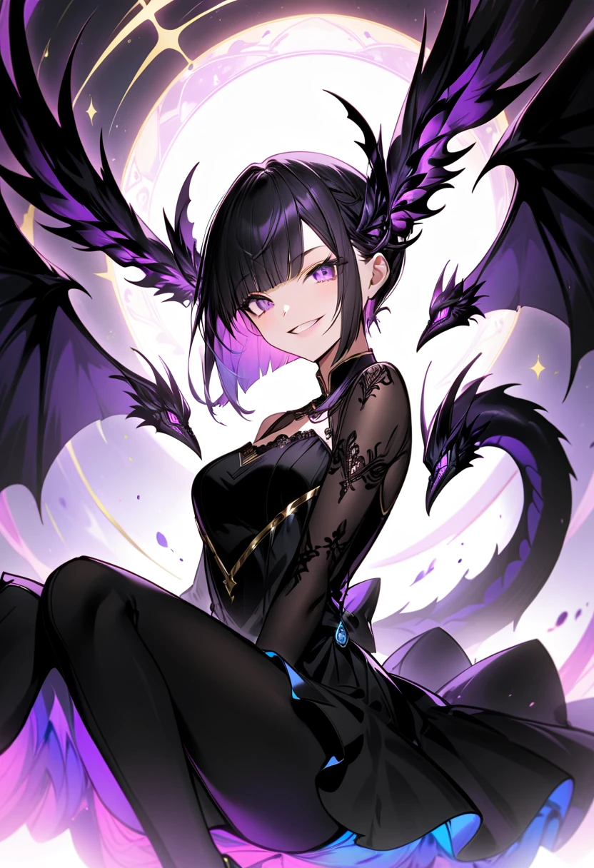 Young demon girl with very purple skin and black hair wearing gothic clothes