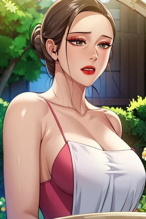 masterpiece, best quality, looking at viewer, fwjin-hee, mature female, large breasts, low ponytail, orange impossible dress, sleeveless, <lora:FWJin-Hee:1>