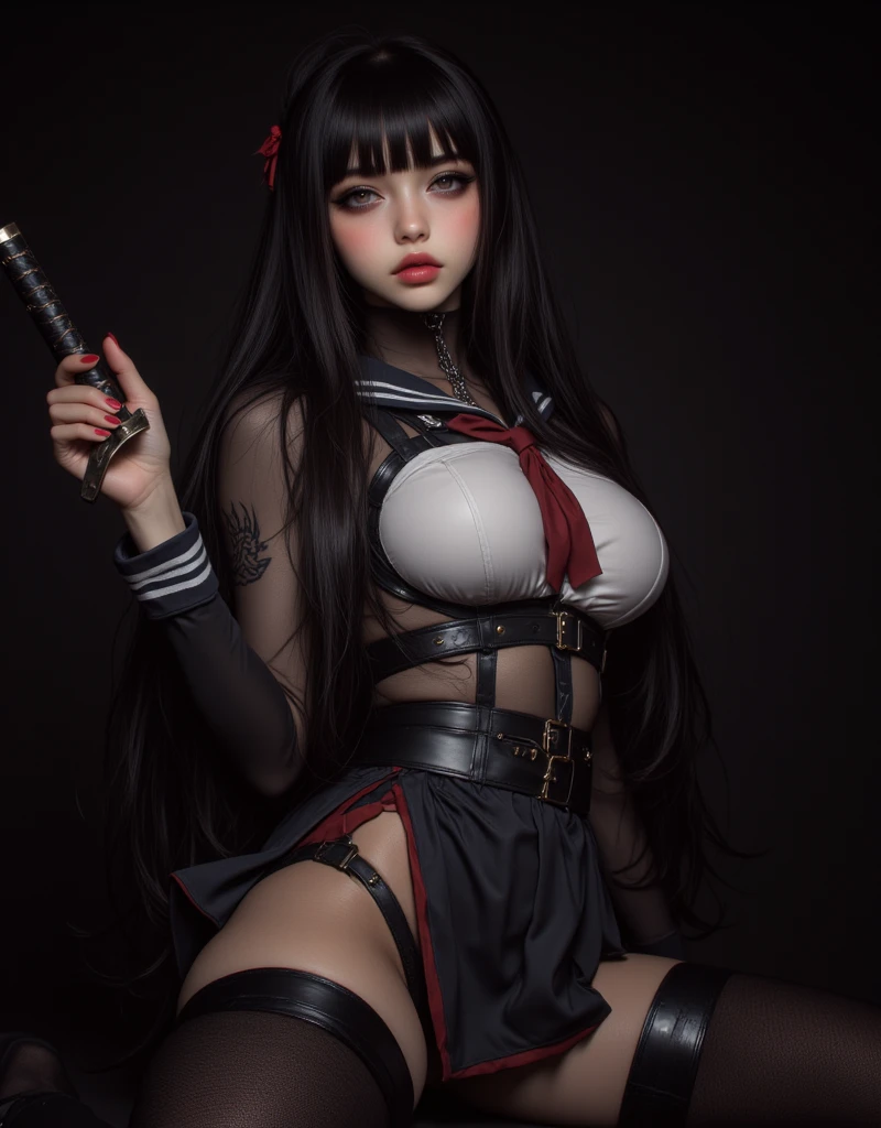 Masterpiece 8k wallpaper photograph of full body a young and beautiful 14 years old nezuko chan, her cute tiny detailed body frame of 145cm height with slim waist and thin thighs, flat and smooth abdomen, contrast with her large-size full breast, fat ass and round butt, detailed beautiful japanese face with white skin and big brown eyes, nezuko, very long hair, multicolored hair, black hair, red hair, gagged, bamboo, gag, dynamic pose, dynamic angle, a girl in a pink outfit is holding a sword in her hand, nezuko, nezuko-chan, demon slayer, fanart, demon slayer artstyle, official anime artwork, official art, official artwork, demon slayer, kimetsu no yaiba, anime cover, high detailed official artwork