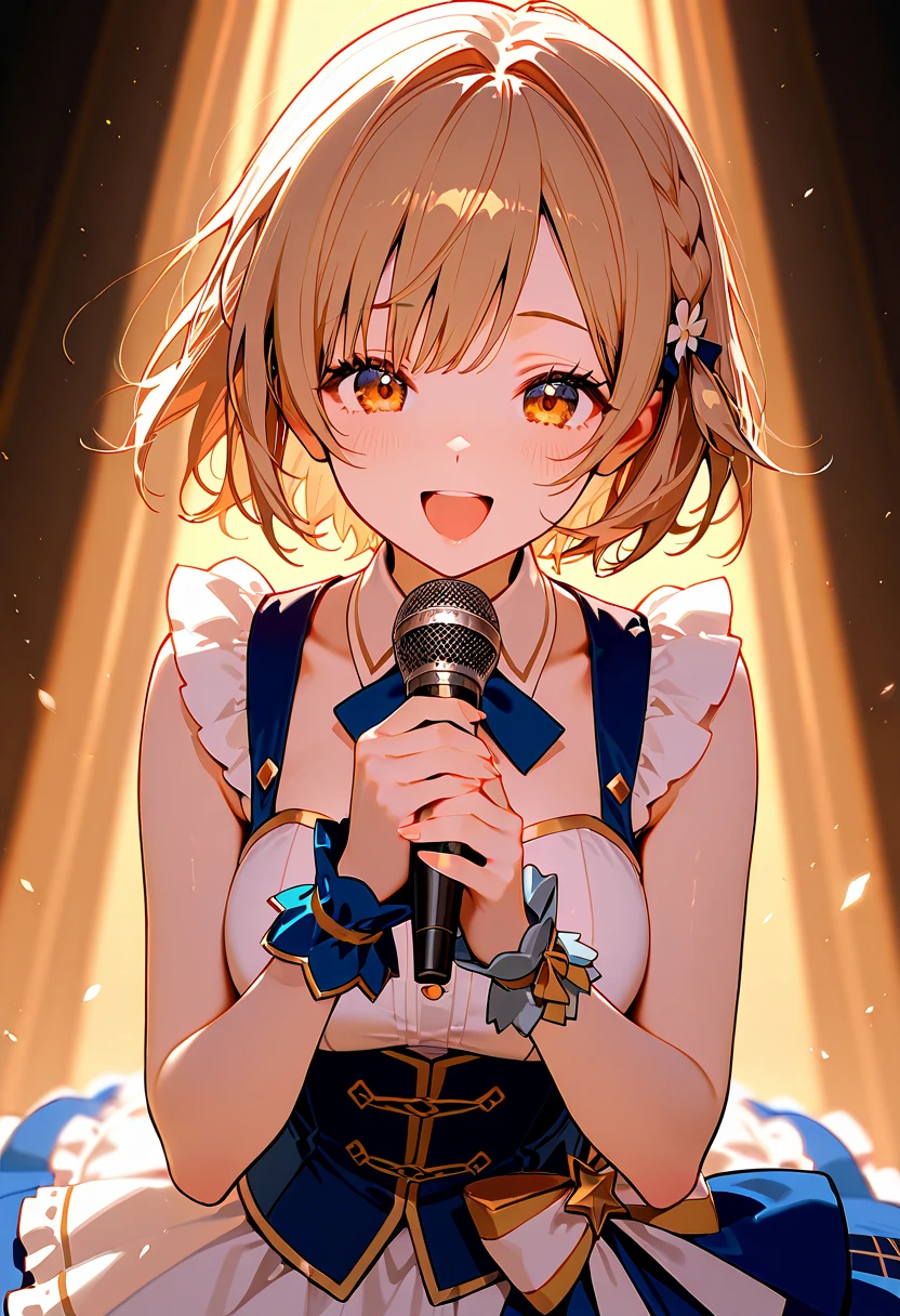 Girl, Big Breasts, Short Hair, 17 Years Old, Open Mouth, Singing, Smiling, Staring at the Viewer, Front View, Stage, Live, Spotlight, Indoors, Detailed, Beautiful Detailed Eyes, Indoors, {{{{{ Detailed face}}}}}, photorealistic, detailed body, super detailed, top quality, beautiful detailed eyes, cinematic lighting, super detailed skin, idol singing costume, idol singing costume , idol smiles, singing costumes