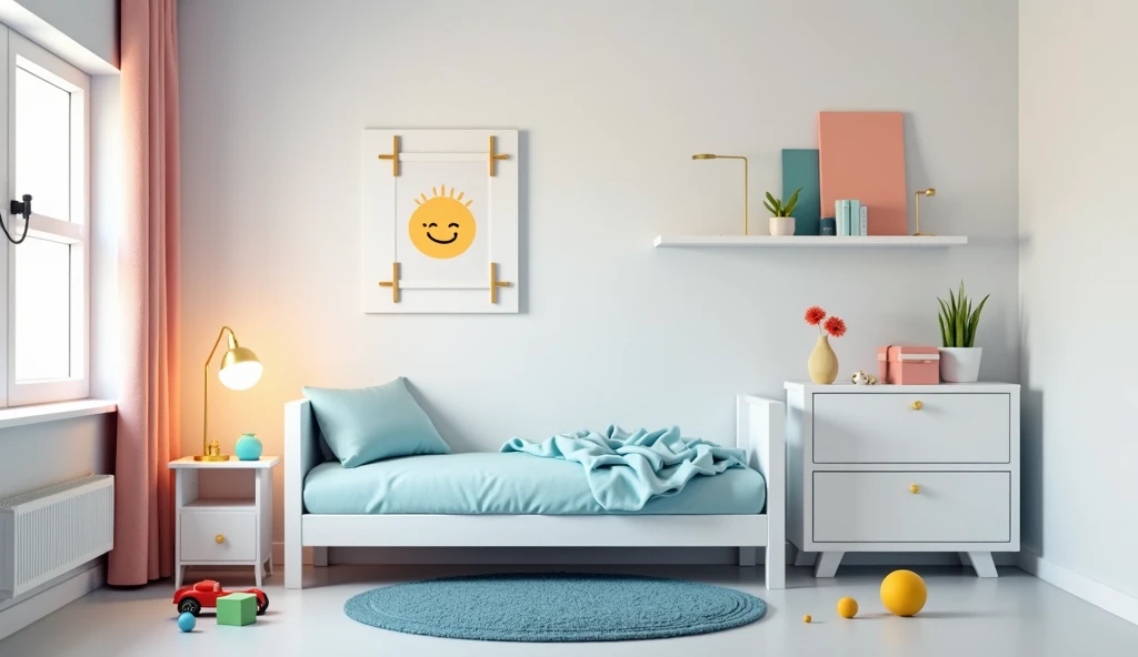 a photo inside of childrens room, a picture in a round frame on a nightstand