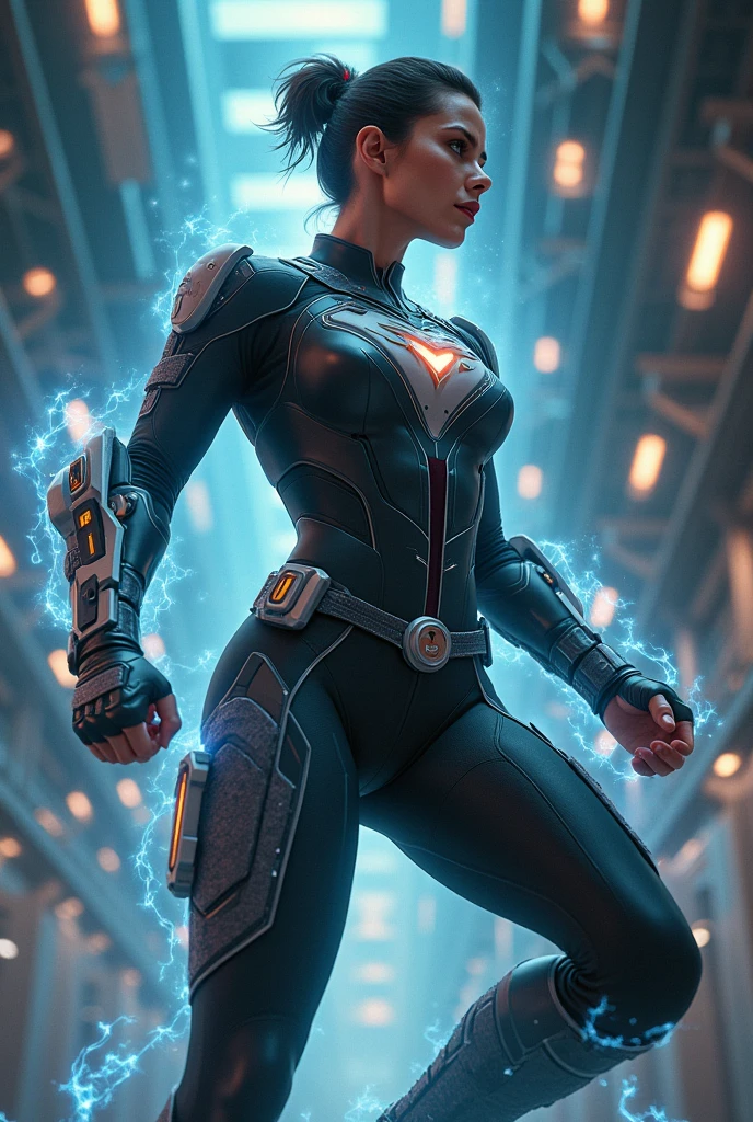 (best quality,highres,ultra-detailed,realistic:1.37), (cowboy shot:1.1), (low angle shot:1.1), (ohwx woman), Anna Sawai as Motoko Kusanagi from Ghost in the Shell, Motoko jumps forwards with a flip from roof edge of skyscraper, dynamic shot, tall and confident, her face adorned with augmented reality features,The background is urban and futuristic, with towering skyscrapers and neon lights casting a vibrant glow. The lighting is atmospheric, emphasizing the shadows and highlighting the metallic details of the outfit. The overall color tone is cool, with a slight blue tint, giving the scene a futuristic and cyberpunk ambiance, full body shot, jacket, tactical suit, detailed face, huge explosion in background