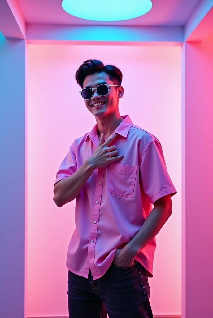 A handsome Korean man whose body contains charismatic coma haircut wears sunglasses in place on his head , wears a pink Shirt in a lined shirt fashionable and trendy black-white style wears wide long black denim ,pink combination wears sport sneakers,, standing stylishly posing looking at camera with a smile from above ,,  he are seen hand in hand while the other hand in unison forms finger heart with cheerful expression the background of a rectangular box room ,colored white blue red and the ceiling of the room color pink-blue luminous lights ,, camera effect fisheye lens