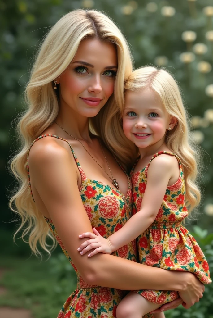 30 year old blonde mother with big breasts dressed poshly with her 2 blonde 10 year old daughters