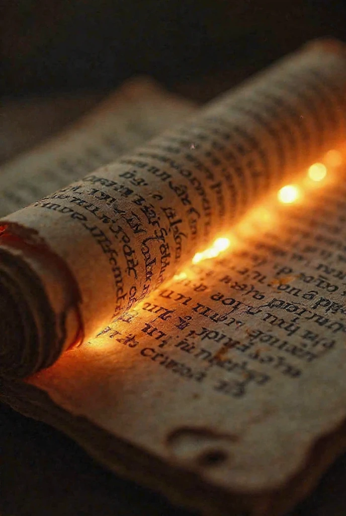 close-up of the ancient book now open to the final page, showing a glowing message written in mysterious, glowing letters, conveying the idea of conquering fear.