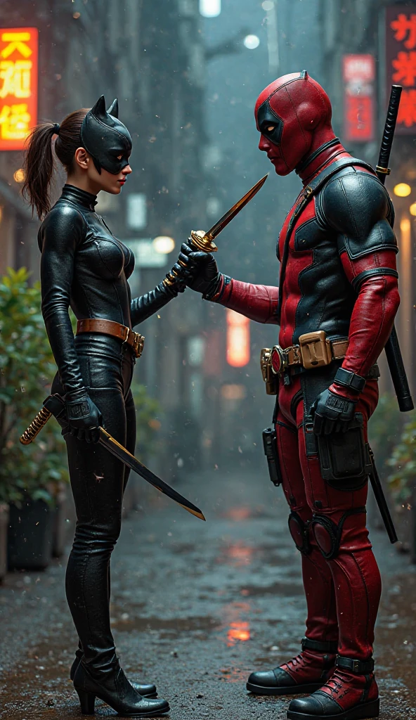 a fight between Deadpool and the lady police and the lady police in blue police dress is stopping Deadpool with her one hand from moving forward, She taking gun in her another  hand and Deadpool is kneeling down in front of lady police