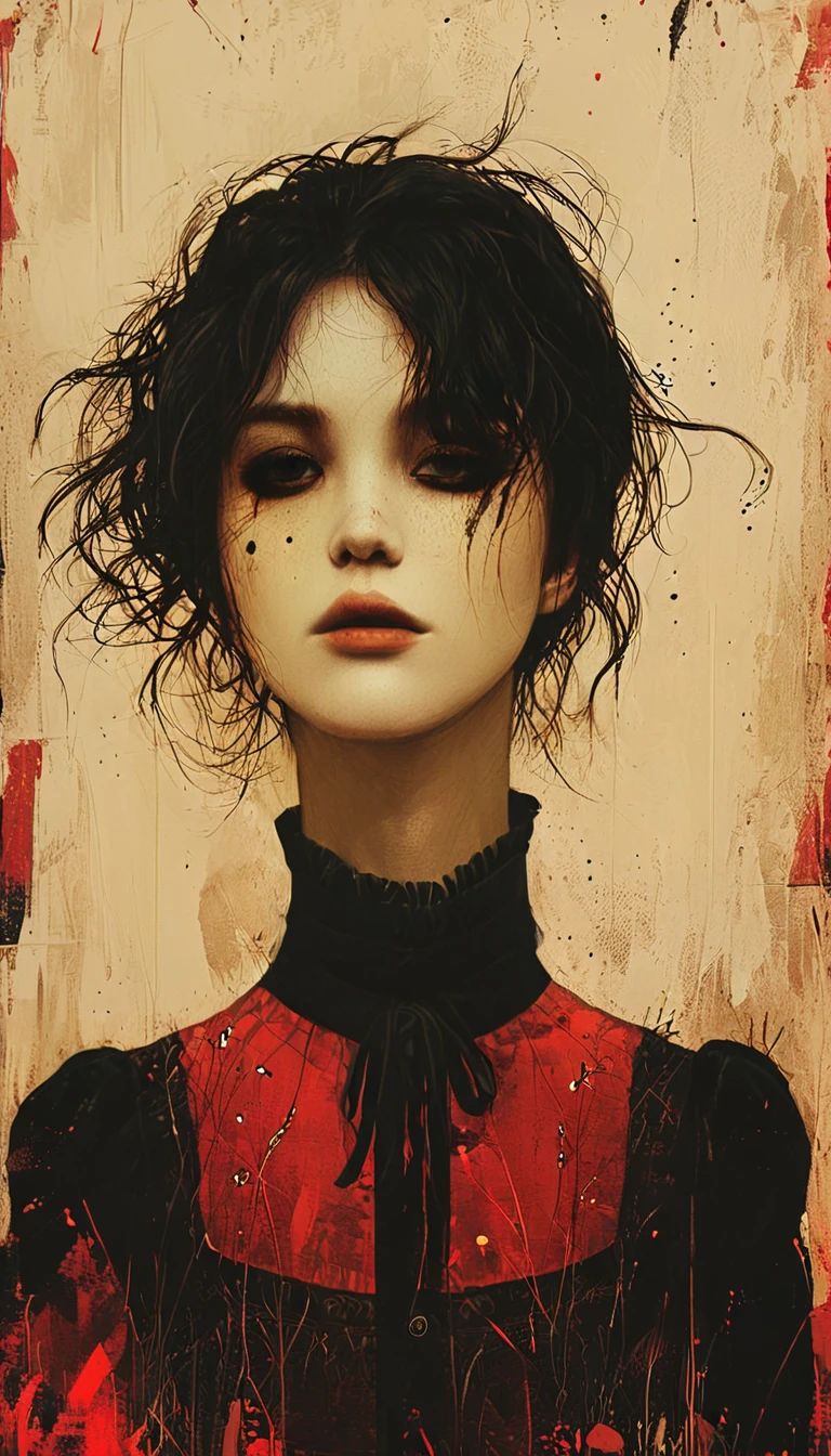 A sad teenage girl with a thin red thread around her neck choking her, all in black and white except the thread