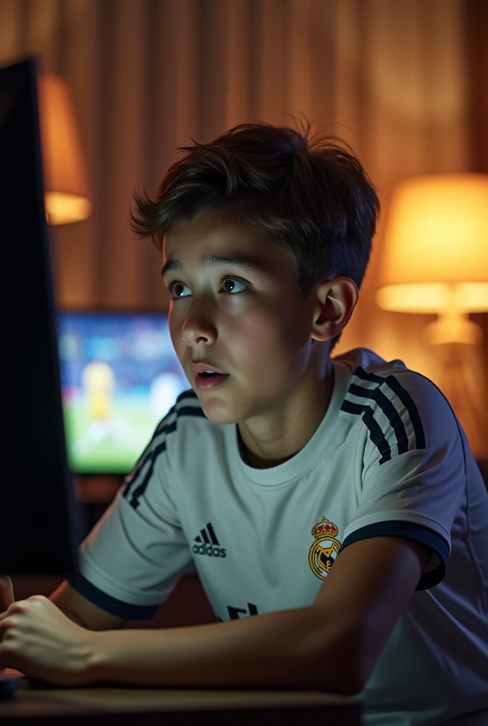 Create a boy playing fortnite with the manchester city shirt