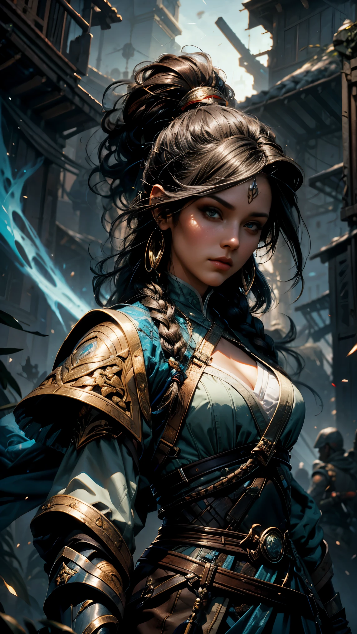 A female warrior, detailed face and eyes, in the style of Peter Mohrbacher, dynamic lighting. --v 6.0 --ar 4:5