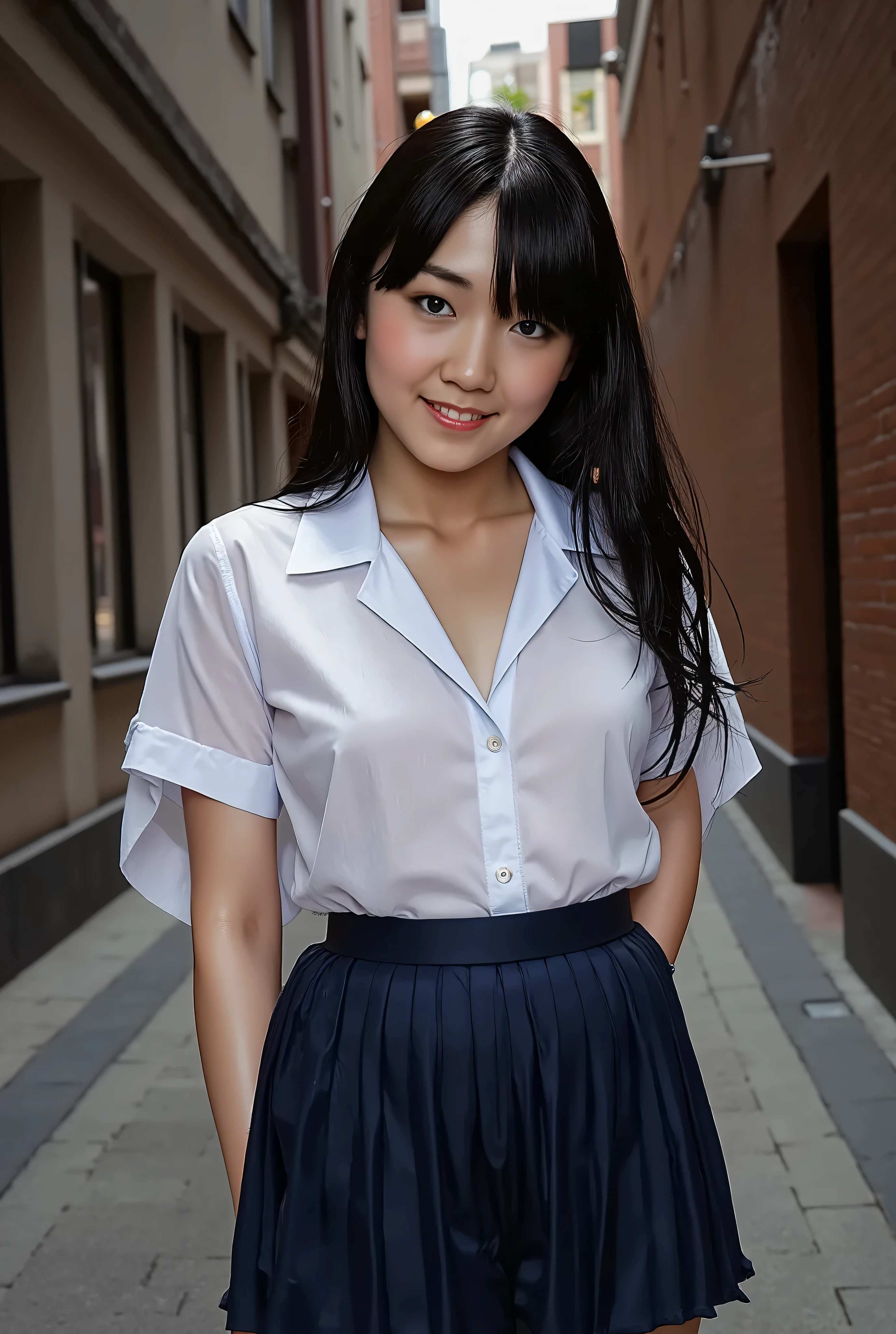 Beautiful Japanese girl of slender build with beautiful long black hair, 160cm tall, happy expression, small breasts, erect nipples, petite body, shiny skin, OliedSkin.
Ultra-high quality, hyper-realistic digital painting of a stunning Japanese woman in a wide-open white shirt and dark blue pleated skirt, hidden in the narrow alley between two towering buildings in the dead of night. The space is barely wide enough for two people, the air thick with the lingering scent of rain on asphalt. The silence is profound, broken only by the occasional distant hum of the city, far removed from this secluded space.
She stands close, her back lightly pressed against the cold brick wall. Her deep, captivating eyes gaze up at the viewer, shimmering faintly in the dim light, carrying an unspoken invitation. A soft, teasing smirk curves her lips, and her breath is barely audible in the stillness. Her long, black hair cascades over her shoulders, blending into the shadows, while the subtle sheen of her satin corset and the delicate curve of her figure are only hinted at in the darkness.