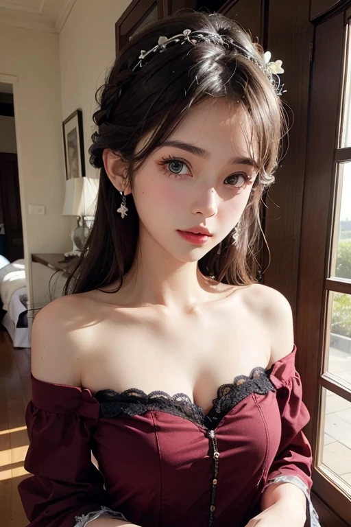 (A hyper-realistic, hight resolution, ighly detailed:1.2), (8K), (beatiful detailed eyes, A detailed face:1.2), (top-quality), (ultra-detailliert), (( masterpiece)), (In the center of a large hall lined with giant entasis columns:1.3), there is a particularly luxurious baroque-style chair and desk, A beautiful woman is sitting on a luxurious chair, 25 years old, mature looking, Realistic Art of Drawing, Sketch, 1female, Half-body, head to bust image scope, close-up shot, Beautiful Meticulous Eyes, Cute Face, big bossoms, (gently fondle your breasts), beautiful cleavage, Beautiful Meticulous Face, Gentle smile, (Botanical Illustration: 1.5), (beautiful red off shoulder dress:1.2), The beautiful woman has beautiful blue eyes and long hair, Enchanted expression,