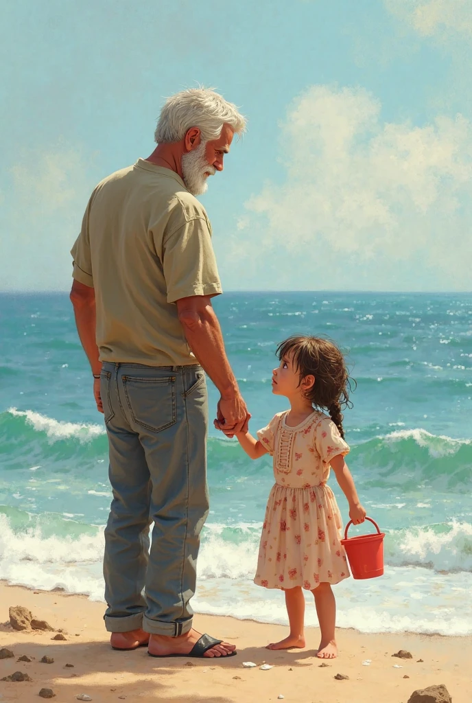 Girl with a height of 1.40 cm hugging a fat old man.80 cm indoors on the beach