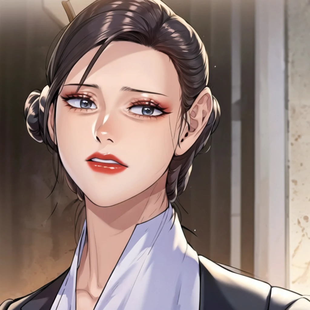 A middle-aged woman, brunetized, wrinkled, angry, angry, in the banquet hall