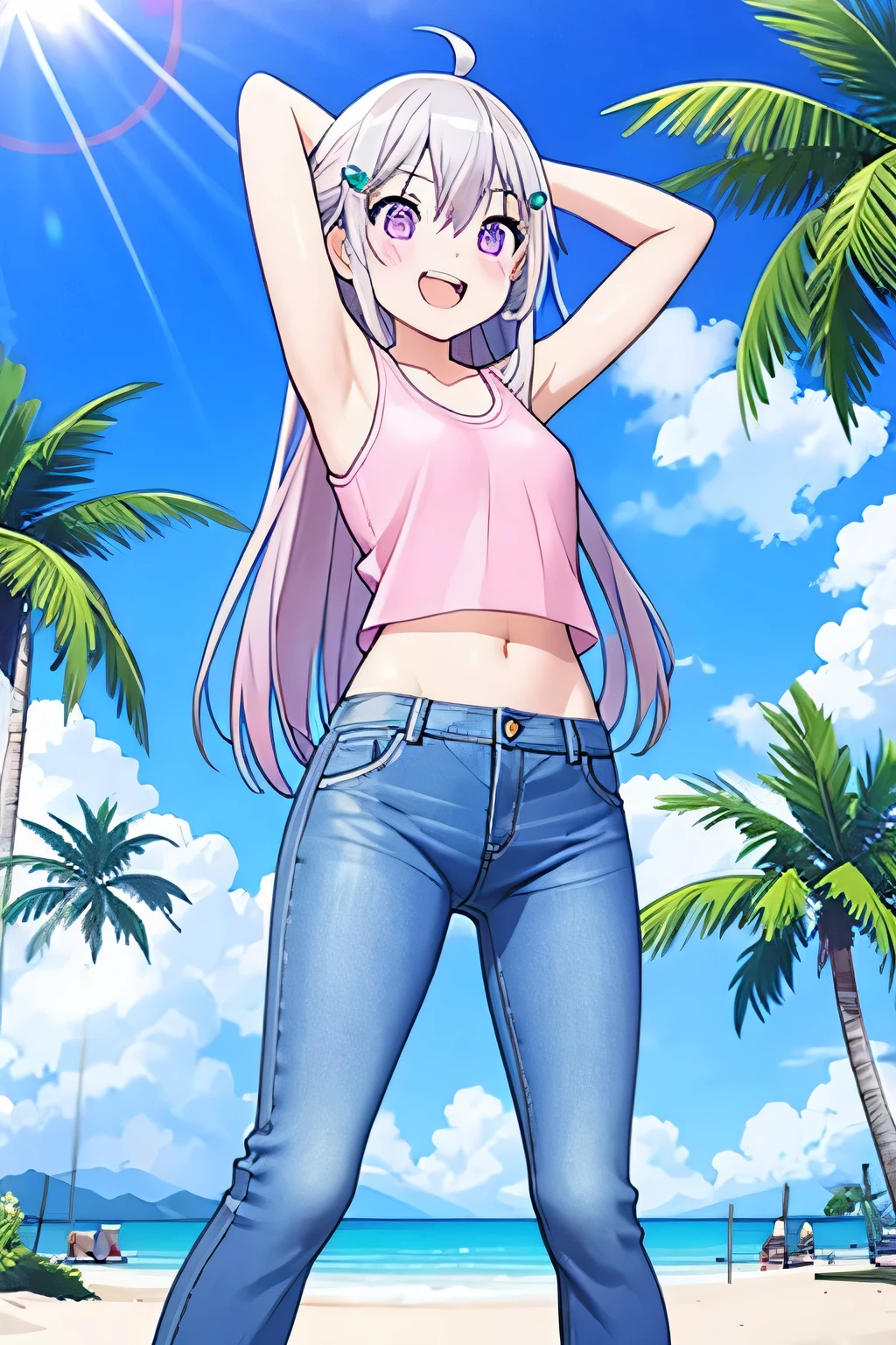 masterpiece, best quality, best quality,Amazing, 1girl, (gyaru:1.4), finely detail,extremely detailed anime screencap, depth of field, (selfie), (dark skin:1.2), shiny skin, (abs:0.9), lightpink hair, swept bangs, curly hair, medium hair, brown eyes, medium breasts, staring face, (beautiful detailed eyes), evil grin, V over eye, micro bikini, highleg bikini, eyeshadow, nail polish, earrings, groin, sky, (standing on the Resort Hotel Pool)