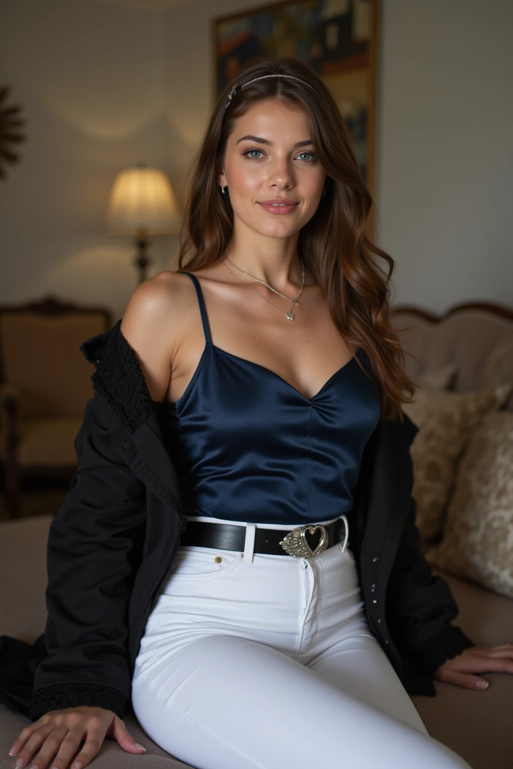 young brunette woman, beautiful brown eyes. long brown hair. Long V-neck T-shirt made of shiny dark blue satin and long tight white pants, 项链, transparent lip gloss, narrow building, Pretty, 2, Full body photo, long legs, Satin top, dancing at a party, looks stunning. is enthusiastic. In the background are wedding guests