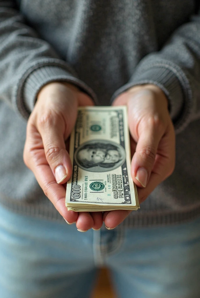 A man is holding a 10,000 dollar bill but is wearing a torn shirt.