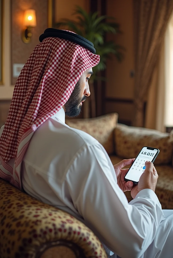 (best quality, 4k, 8k, highres, masterpiece:1.2), ultra-detailed, (realistic, photorealistic, photo-realistic:1.37), The same attractive man with blue eyes and golden hair, wearing traditional Arabian attire, holding a smartphone in his hand and smiling warmly at the camera, his expression is inviting and charming, designed to draw the viewer in, the background is a soft, appealing setting that complements his engaging presence.