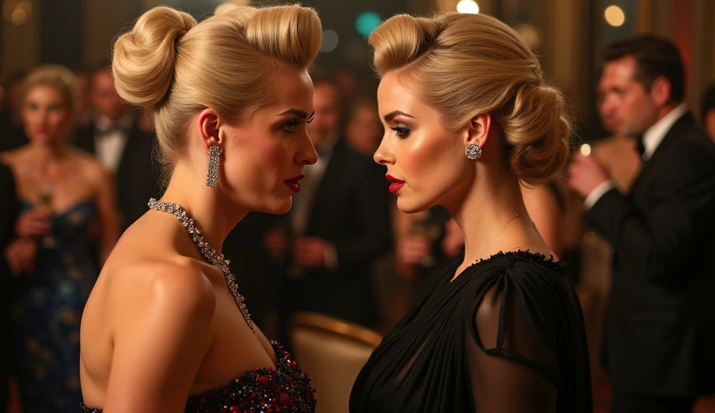 Produce high-quality, photorealistic, high-contrast, and saturated color photographs featuring two women wearing business dress with very deep necklace standing in a spacious office on the 65th level of a skyscraper. The office boasts large windows offering a panoramic view of the evening-lit Manhattan skyline. Instruct the models to engage in natural conversation, capturing their genuine interactions and expressions. Highlight the diversity of their ethnicities—one Afro-American, the other with a blond updo from Sweden. Emphasize the contrast between their skin tones, ensuring a realistic portrayal with visible pores, freckles, and natural textures. Implement subsurface scattering to enhance the photorealistic quality of their skin. Focus on creating sharp, high-resolution images that capture the intricate details of their skin, expressions, and the office surroundings. Emulate Helmut Newtons's style for text-to-image models, drawing inspiration from Stable Diffusion, midjourney, or Dalle2. Pay particular attention to the interplay of light and shadow through the large windows, enhancing contrasts and saturating colors to create visually stunning and captivating photographs. Capture the essence of their individuality, the sophistication of the office environment, and the beauty of the Manhattan skyline, resulting in a series of striking and evocative images.