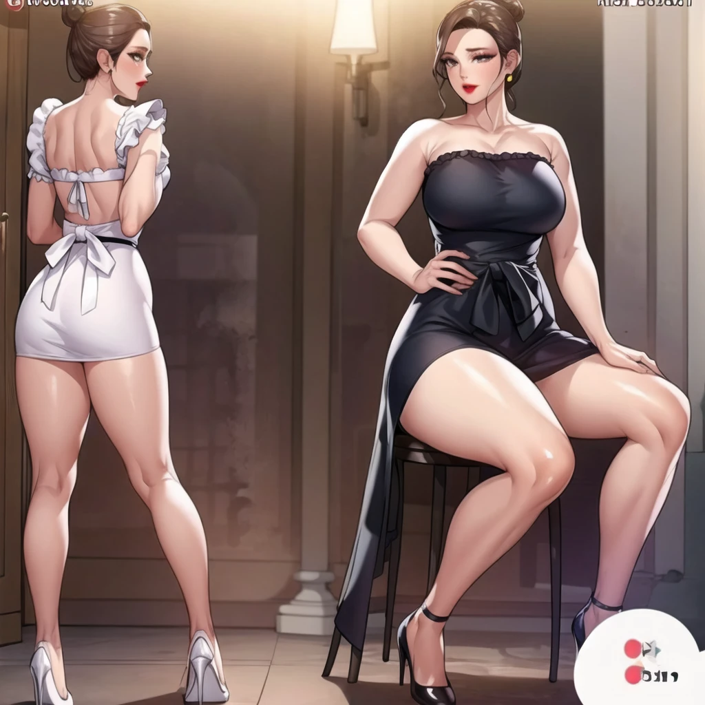 Portrait of a 60-year-old woman with short brown hair, a captivating gaze, Brown eyes, Wrinkles on her face, She wears a very sexy black evening dress that reveals big flabby breasts, Light makeup and red lips. 32K