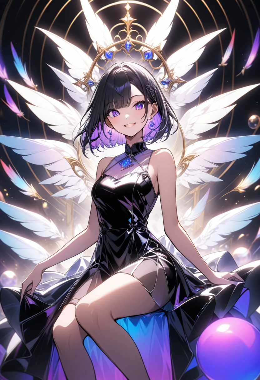 solo, eligant, 1 lady, black dress, short hair, amethyst eyes,
