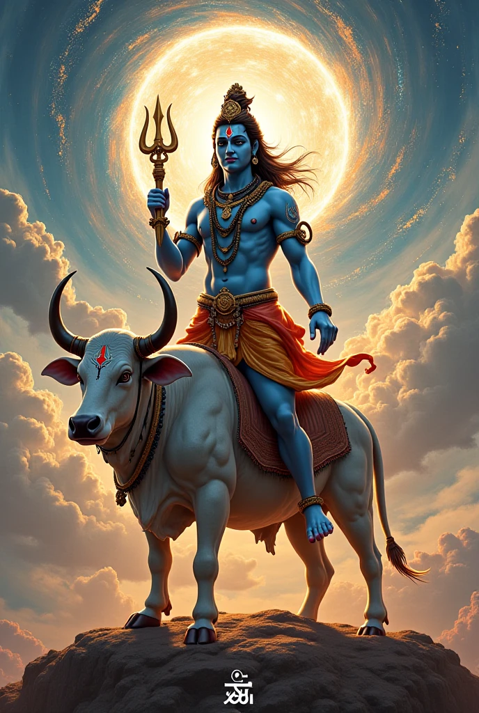 Include iconic symbols associated with Shiva, such as the trident (trishul), damru (drum), and sacred ash (vibhuti),on cow