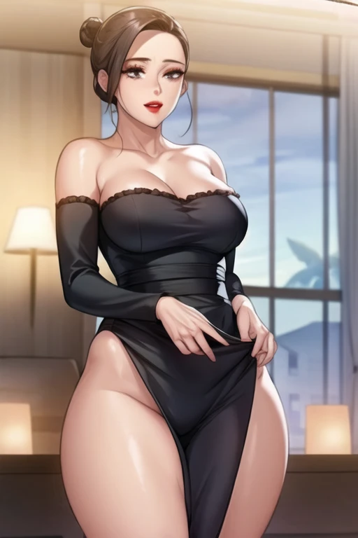 beautiful tall big breasted milf with asymmetric neck-length hair cut standing in the doorway, blocking the doorway, blocking exit, thick hair