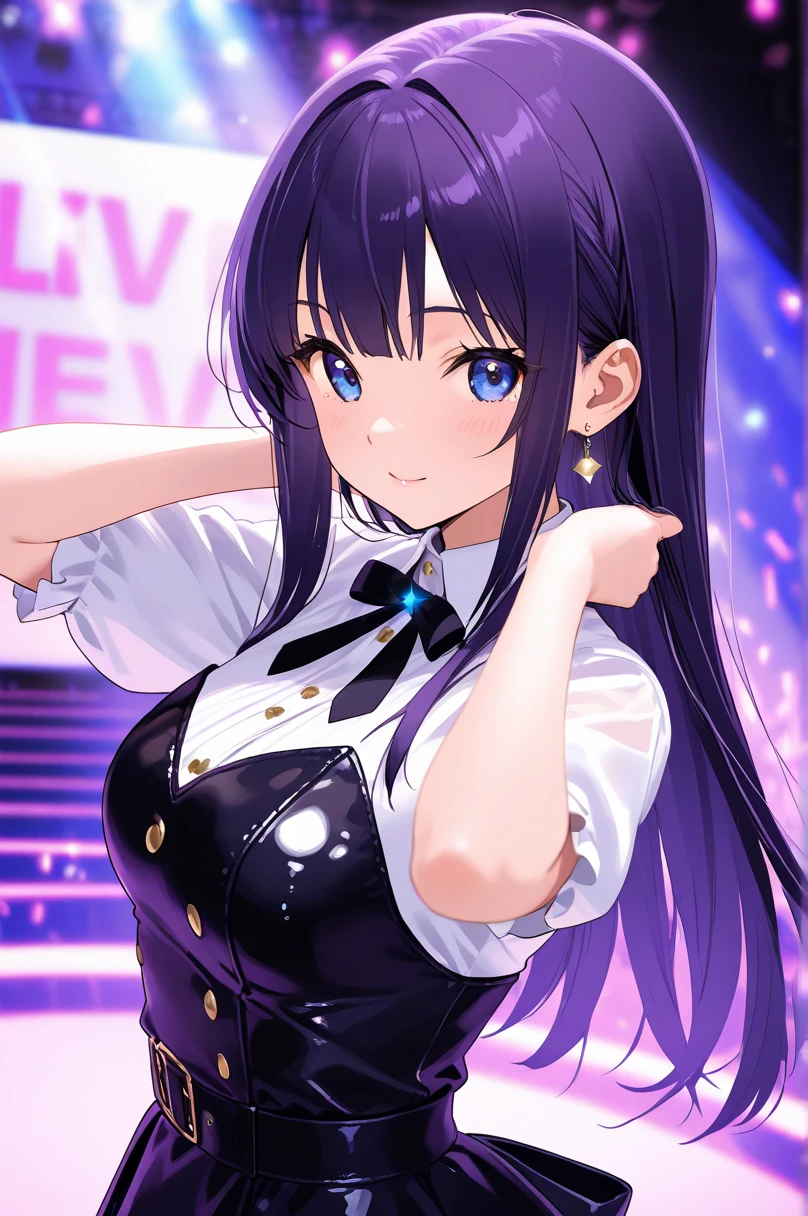 BREAK(idol)BREAK,Realistic,real person,(pale skin: 1.2),RAW photo,photorealistic,shiny skin,shiny hair,(A 25-year-old woman with straight hair and bangs)and(medium hair)and(black hair)and(purple eyes),(smile),(open mouth),Background is the stage,Alone,(singing:1.5),(Biologically correct5Finger),Cleavage,Upper Body