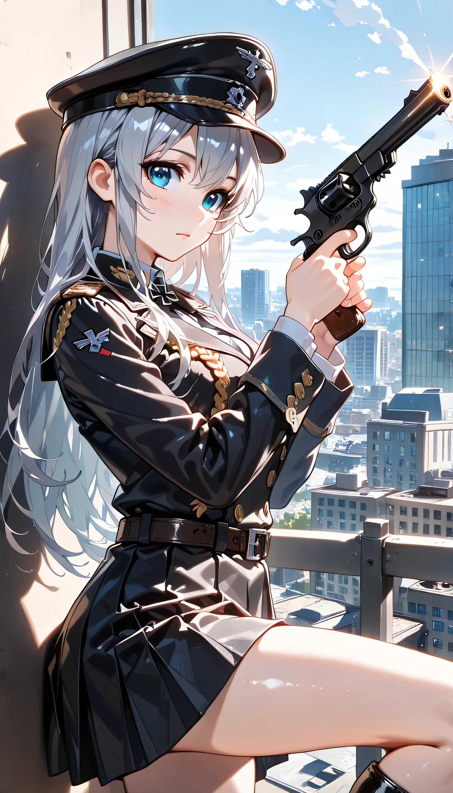 ((ultra-detailed)), (highly detailed CG illustration), (best quality:1.2), ultra-highly detailed, colorful composition, artistic photoshoot, 1girl, solo focus, ((thigh to top:1.4)), ((cowboy shot:1.4)), moe anime character, girl, dainty facial structure, (bab(round face), ((rounded chin:1.2)), ((ideal ratio body proportions)), celia-default, celia claire, (blue eyes), sparkle eyes, silver hair color, two slde up, ((serious)), ((German Navy military black uniform during World War II)), ((German Navy military black captain visor cap with gold decoration during World War II)), ((Iron Cross on neck with red, black and white tricolor stripes ribbon:1.4)), ((gold aiguillette)), ((holding a revolver gun:1.4)), ((a bullet is fired from the muzzle:1.4)), ((city battle1.4)), standing by the city area that has become a battlefield, ((dynamic pose)), ((contrapposto pose)), from side, best quality, masterpiece, pink cheek, blush, light pink gloss slip, portrait, depth of field, soft lighting, sidelighting, (shine), lighting, caustics, ray tracing, perfect face, lustrous skin, highly detailed face, highly detailed eyes, perfect face, perfect nose, perfect hair, perfect eyes, perfect anatomy, beautiful hair, beautiful small face, extremely detailed face, beautiful detailed eyes, beautiful clavicle, beautiful body, beautiful huge breasts, leavage, breasts squeezed together, equalize the size of the left and right breasts, beautiful thin thighs, beautiful legs, beautiful fingers, 4 fingers, 1 thumb, lovely, (very detailed background:1.0), (highly detailed background:1.0), battlefield aesthetic, intricate details, war atmosphere, battlefield colors palette, chromatic aberration