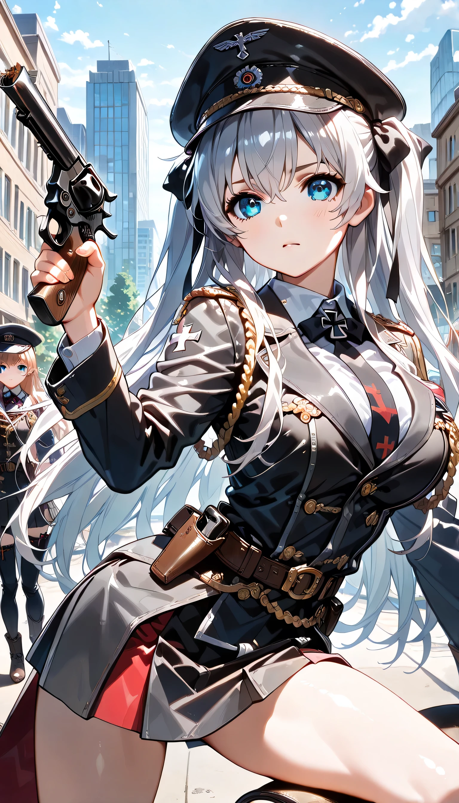 ((ultra-detailed)), (highly detailed CG illustration), (best quality:1.2), ultra-highly detailed, colorful composition, artistic photoshoot, 1girl, solo focus, ((thigh to top:1.4)), ((cowboy shot:1.4)), moe anime character, girl, dainty facial structure, (bab(round face), ((rounded chin:1.2)), ((ideal ratio body proportions)), celia-default, celia claire, (blue eyes), sparkle eyes, silver hair color, two slde up, ((serious)), ((German Navy military black uniform during World War II)), ((German Navy military black captain visor cap with gold decoration during World War II)), ((Iron Cross on neck with red, black and white tricolor stripes ribbon:1.4)), ((gold aiguillette)), ((holding a revolver gun:1.4)), ((a bullet is fired from the muzzle:1.4)), ((city battle1.4)), standing by the city area that has become a battlefield, ((dynamic pose)), ((contrapposto pose)), from side, best quality, masterpiece, pink cheek, blush, light pink gloss slip, portrait, depth of field, soft lighting, sidelighting, (shine), lighting, caustics, ray tracing, perfect face, lustrous skin, highly detailed face, highly detailed eyes, perfect face, perfect nose, perfect hair, perfect eyes, perfect anatomy, beautiful hair, beautiful small face, extremely detailed face, beautiful detailed eyes, beautiful clavicle, beautiful body, beautiful huge breasts, leavage, breasts squeezed together, equalize the size of the left and right breasts, beautiful thin thighs, beautiful legs, beautiful fingers, 4 fingers, 1 thumb, lovely, (very detailed background:1.0), (highly detailed background:1.0), battlefield aesthetic, intricate details, war atmosphere, battlefield colors palette, chromatic aberration