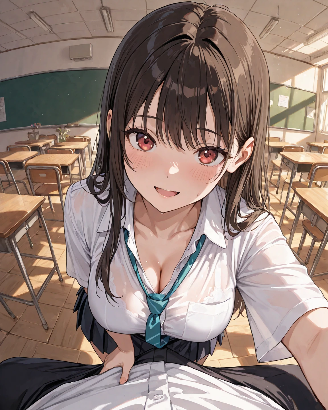 ((Highest quality)), ((masterpiece)), (detailed), One person,Female student、uniform、Undressing、
"A realistic and detailed illustration of a classroom setting, featuring a female student with shoulder-length black bobbed hair. She is wearing a traditional school uniform. The student is looking up at the viewer with a mischievous smile, her cheeks slightly blushing. The atmosphere should convey a playful and somewhat daring mood. The background should include typical classroom elements like desks, chairs, and a blackboard."
blush,Underbust,(Her cleavage is visible),(Excited expression),(Seduce),sexy,Sweat,(Black knee-high socks),