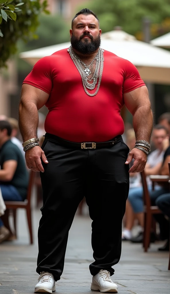  Hyperrealistic image of an elderly 19th century French Steampunk circus magician superhero with a naked torso, combed gray hair and huge handlebar mustaches A super heavy bodybuilder flexing his muscles A full body obese bodybuilder with a very sweaty body An extremely muscular and extremely fat man over 70 years old weighing over 600 pounds a very hairy muscular man with very large legs and sagging pectorals large, dark nipples and gynecomastia on the floor of a steampunk circus with red velvet curtains and golden fringes dressed in red velvet slipper pants and a large turban with many jewels on the head  