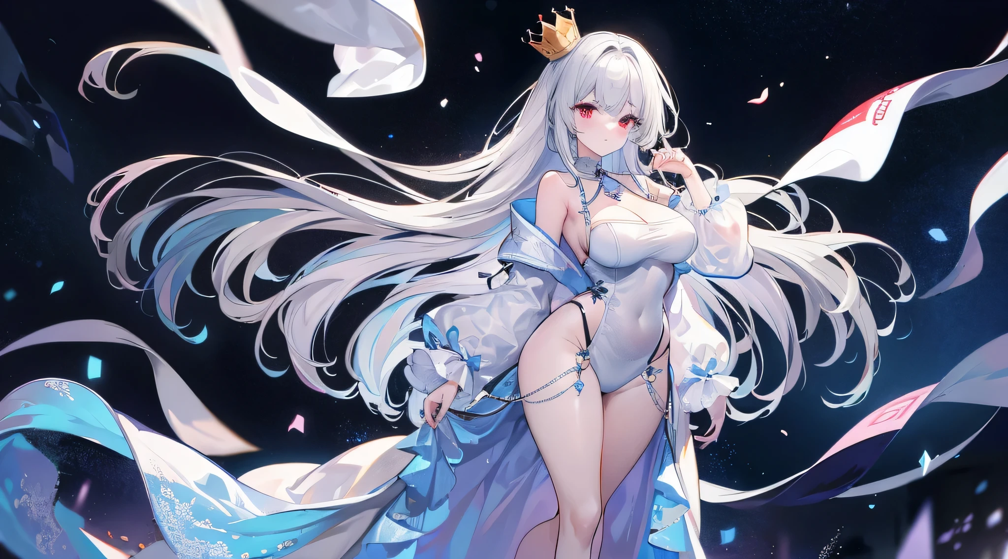 The girl had silver hair, que brillaba al sol, y ojos azules brillantes que brillaban como diamantes. Her figure was wrapped in a flowy dress., mientras alas plateadas brotaban de su espalda. On her head was a diamond crown that shone even in the shadows..