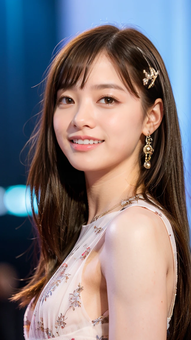 1girl,(wearing a sleeveless glittery evening dress:1.2),(RAW photo, best quality), (realistic, photo-realistic:1.4), masterpiece, an extremely delicate and beautiful, extremely detailed, 2k wallpaper, Amazing, finely detail, extremely detailed CG unity 8k wallpaper, ultra-detailed, highres, soft light, beautiful detailed girl, extremely detailed eyes and face, beautiful detailed nose, beautiful detailed eyes,cinematic lighting,city lights at night,perfect anatomy,slender body <lora:fukumotoriko_lora:0.8>,smiling,necklace,full body
