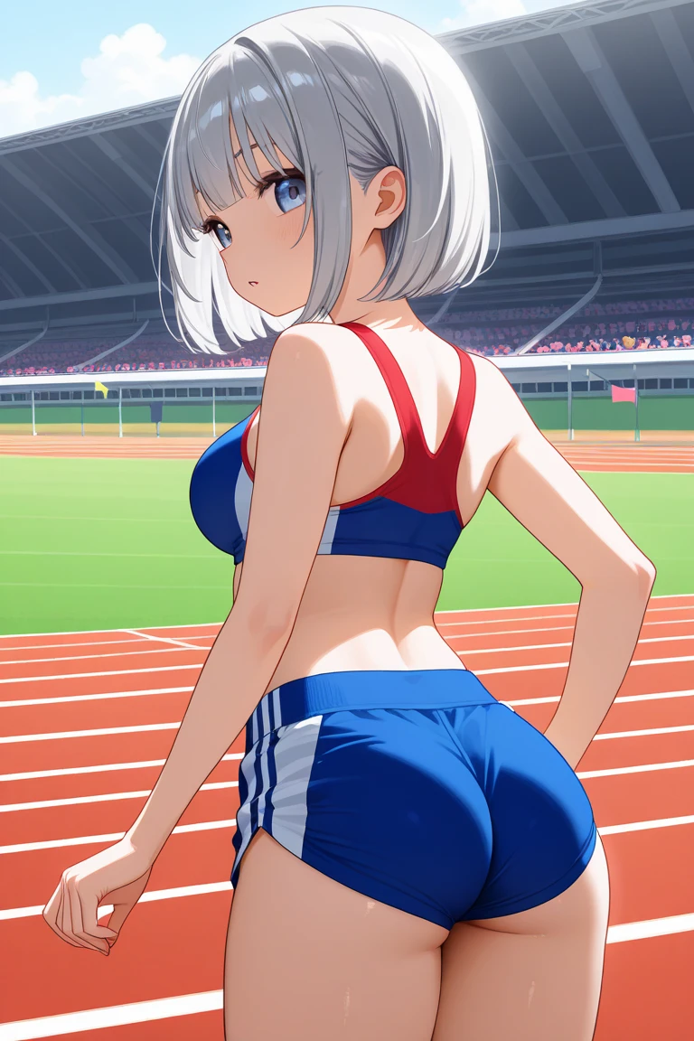 highly detailed images, 8K quality, european junior high school girl, beautiful girl, blonde, short hair, small breasts, beautiful feet,slimming, blush, Outside the athletics stadium, crawl on all fours, Butt is the main character,stick out your butt, Open your mouth wide and stick your tongue out, white skin, A frustrated look on his face, looking at the camera, My whole body is covered in sweat,white tank top,raise one&#39;s hips,Stretch your knees,Stretch your elbows,knees do not touch the ground,long legs,White Wear,The fabric of what I&#39;m wearing is very thin and very transparent.,spread your legs apart,What I&#39;m wearing is wet,The location is the athletics stadium track.