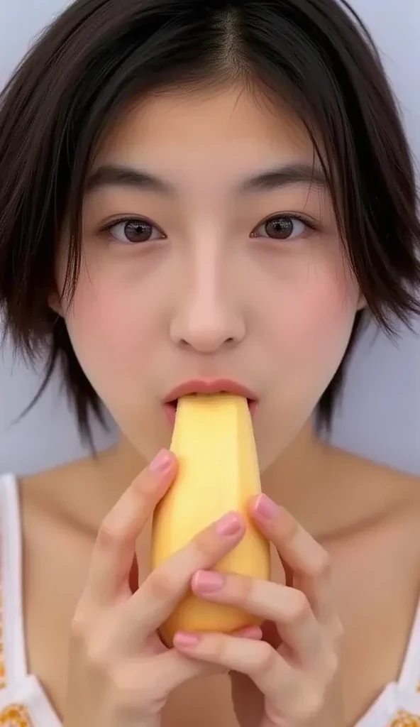 ((Vulgar)) Sweaty, upturned girl with short hair sucking a single banana lewdly down her throat