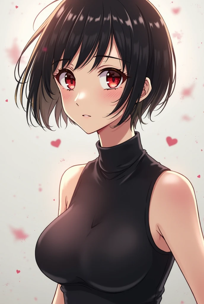 1girl, smile, red eyes, tomboy Pixie haircut, very Short hair, black hair, black choker, yukata, medium breast, lipstick, cowboy shot