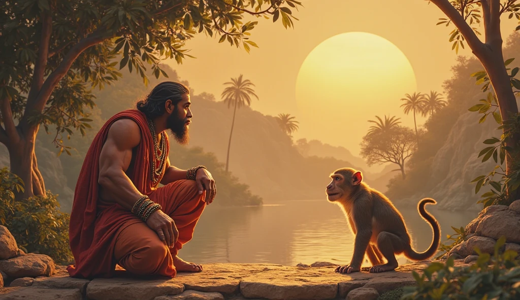 A wider view of the jungle, showing Arjun and Kavi from a distance. Arjun is lying peacefully near the massive roots of the banyan tree, while Kavi is hanging from a branch, swinging playfully. The jungle around them is lush and green, with beams of sunlight piercing through the canopy, creating a tranquil and harmonious atmosphere despite the monkey's mischief.