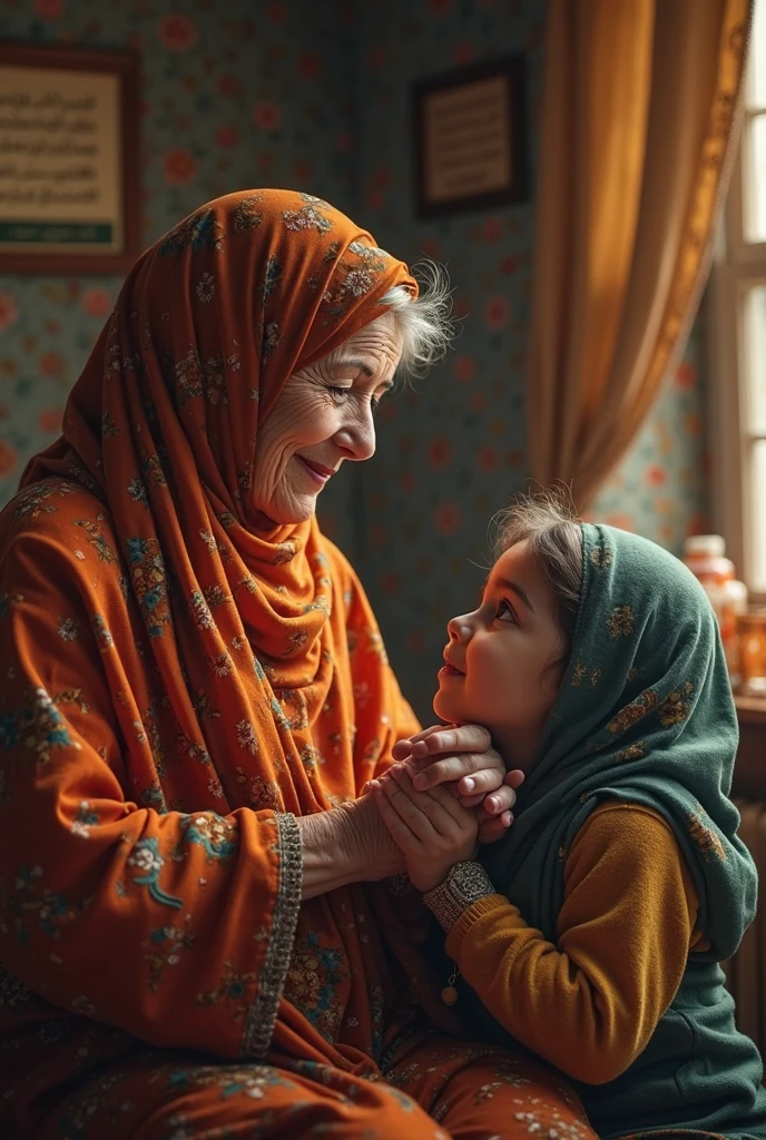 Arabic Bbw Veiled grandmother sitting with her grand daughter looking at the photographer