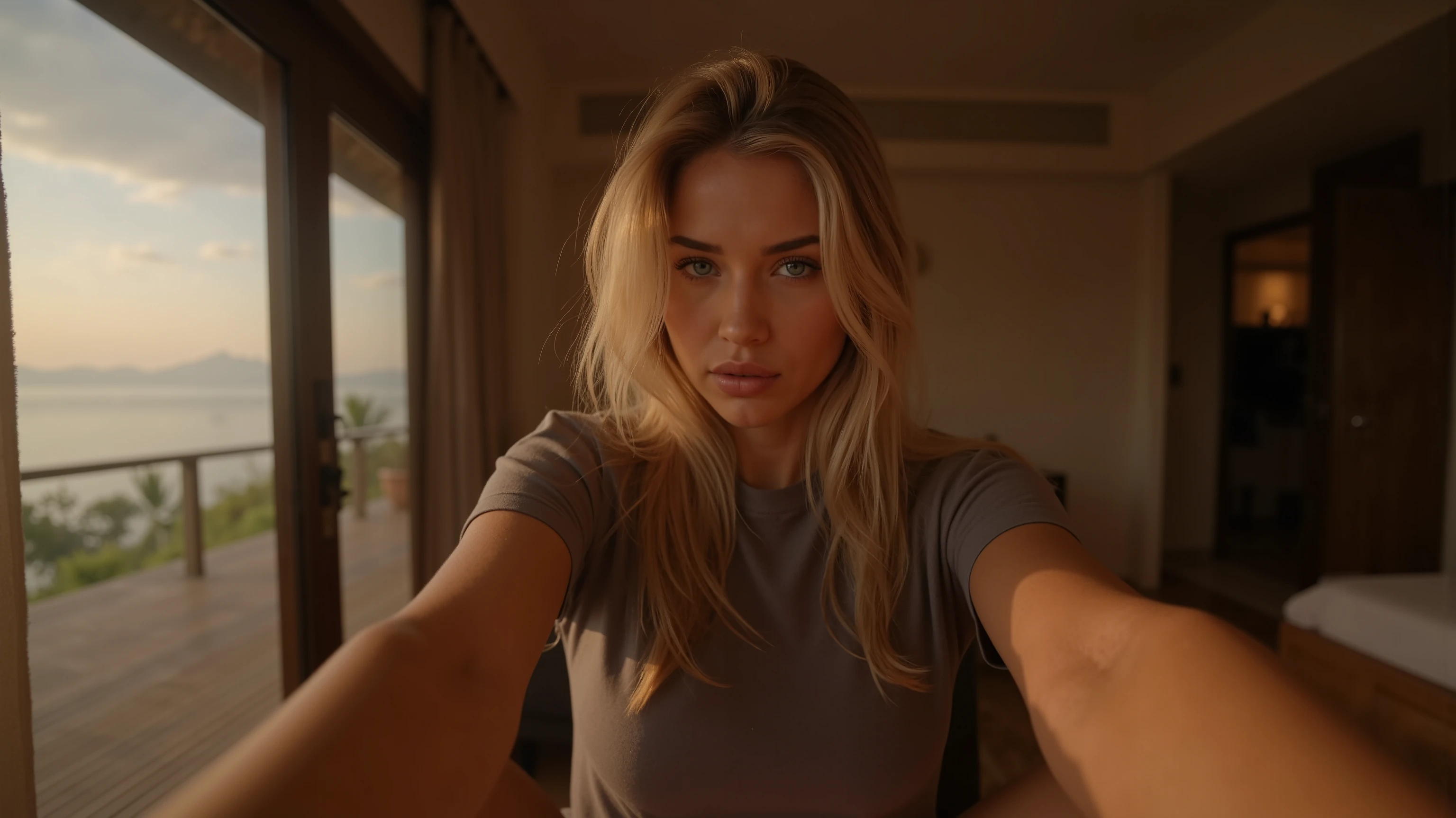 POV. First person. realistic photo . Intimate environment. A bit dim inside, warm lighting. POV staying in the luxury villa in Maldives, very early morning outside. We look forward. POV very close there is another , hot sexy blonde, athletic build, very beautiful cute European model young girl . Her face is focused, she's very serious, she looks very energetic. She's absolutely wet, hair is completely wet and skin is extremely shiny, we can see how it shines. She's volleyball player skinny girl. She's wearing tight black shorts and oversize dark-grey t-shirt with short sleeves. Her extremely beautiful very wavy hair loose. The girl is staying very close to us and she reaches out with both her hands very closely, we can't see her palms, they are very very close to us like she tickle our armpits