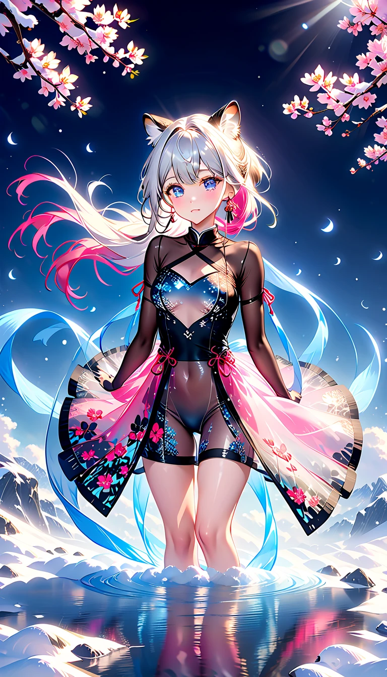 8K,gal,an extremely delicate and beautiful,Beautiful and realistic skin,Shiny jewel-like earrings,glowing tattoo,Long blue hair,beautiful eyes,whole body,beautiful butterfly ,beautiful china dress